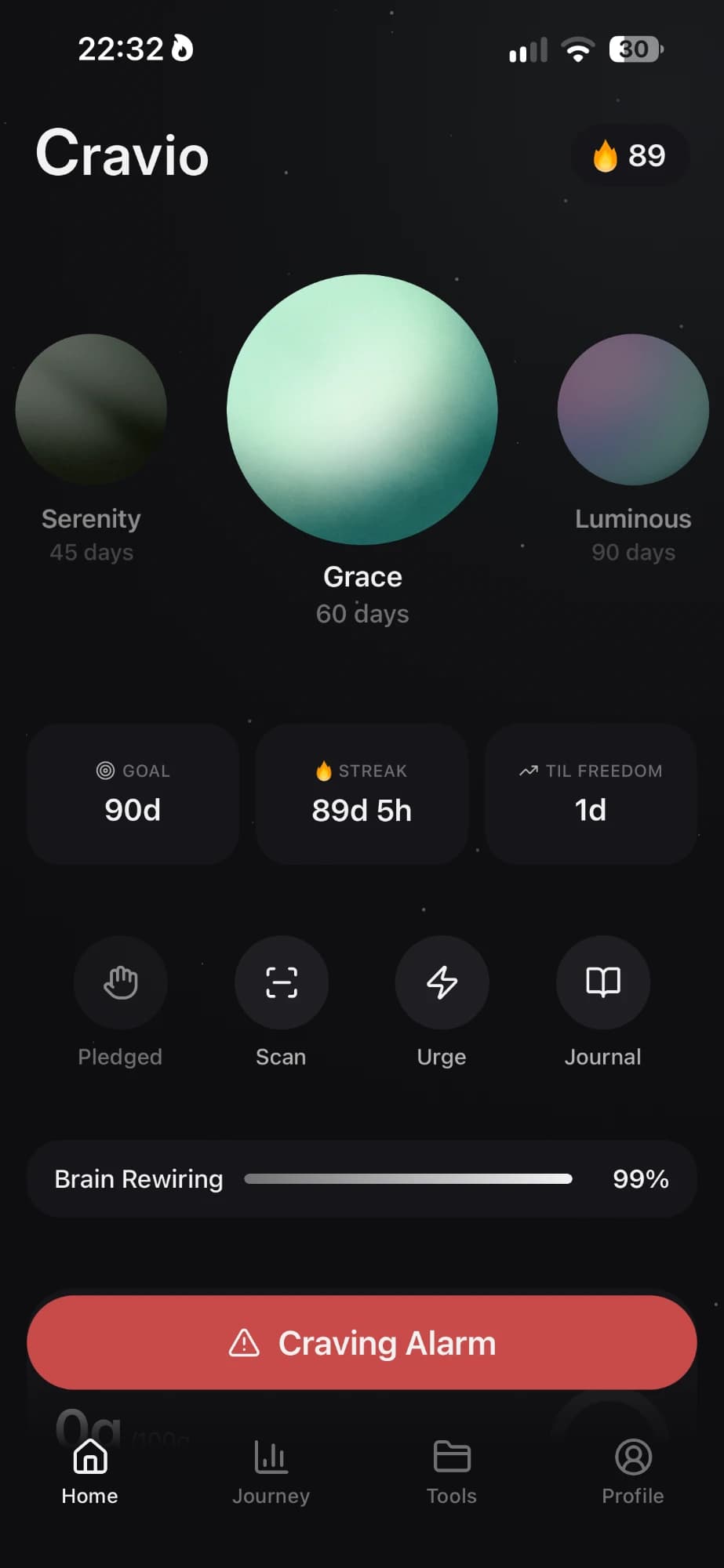 Cravio home: Grace orb at 60 days, 89-day streak, goal, Pledged, Scan, Urge, Journal and the Craving Alarm button