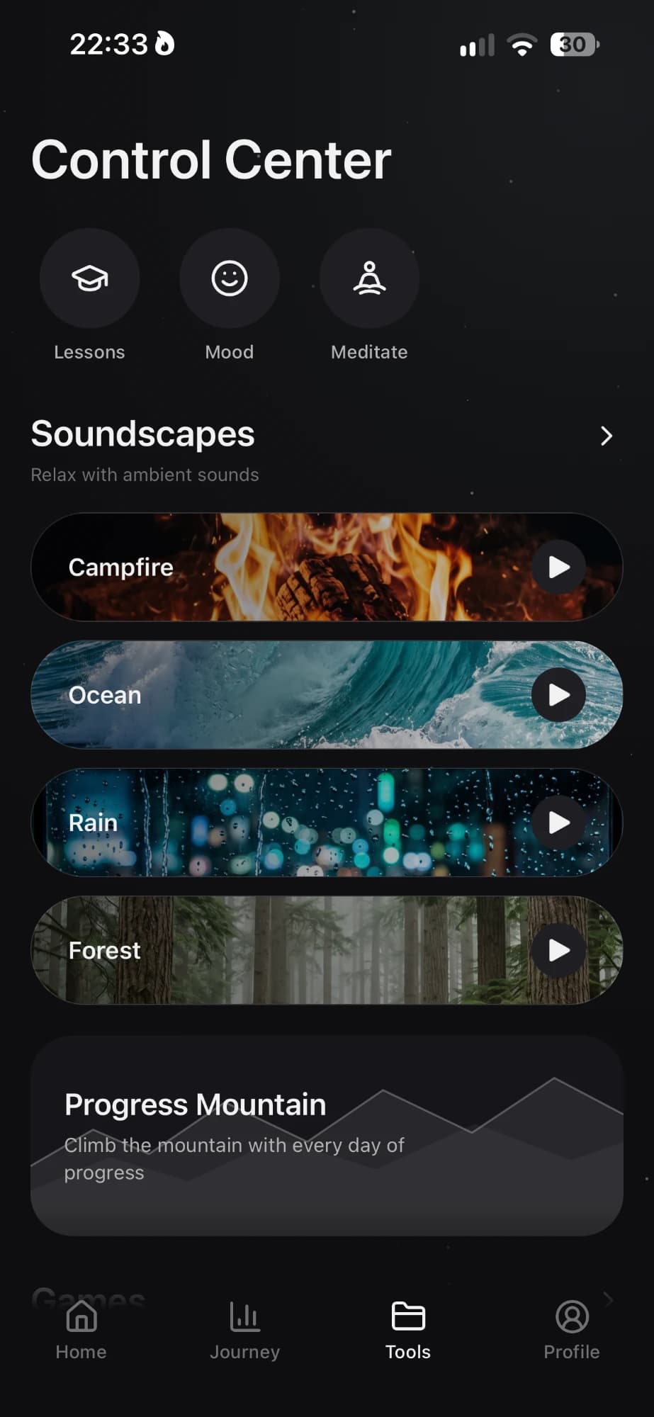 Cravio Control Center: lessons, mood, meditate, campfire, ocean, rain and forest soundscapes and Progress Mountain